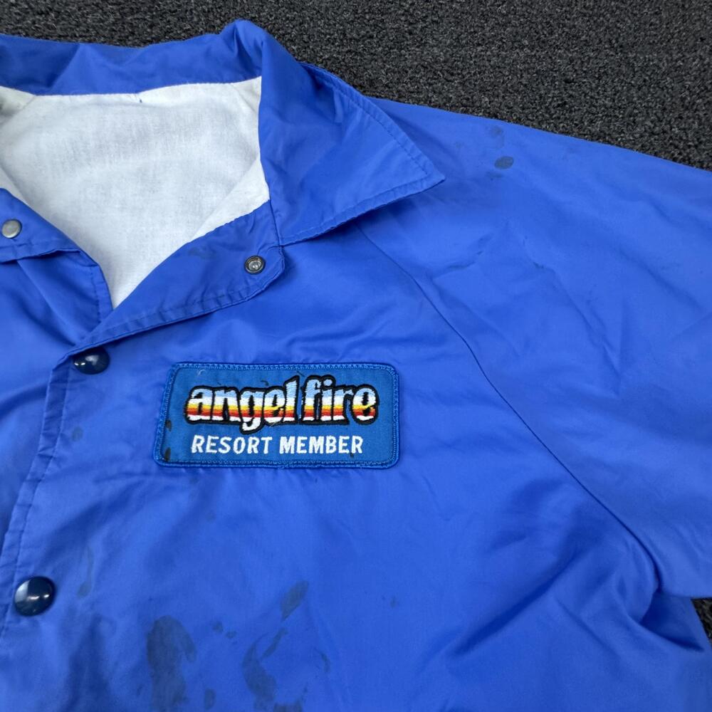Vtg Angel Fire Jacket Mens L Blue Windbreaker Lined Collared Snap Pockets 1980s